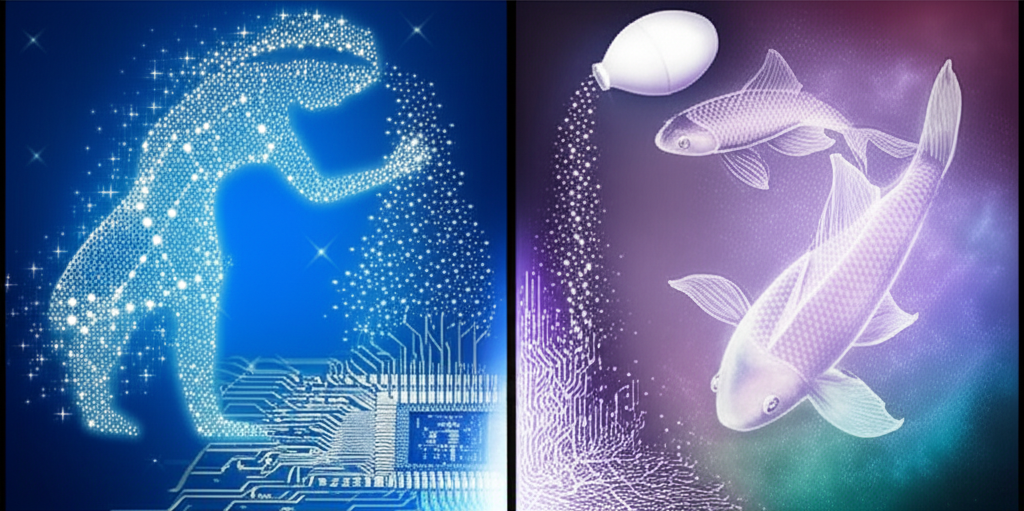 Два символа, представляющие февраля знак зодиака: Водолей и Рыбы на фоне космического пейзажа.