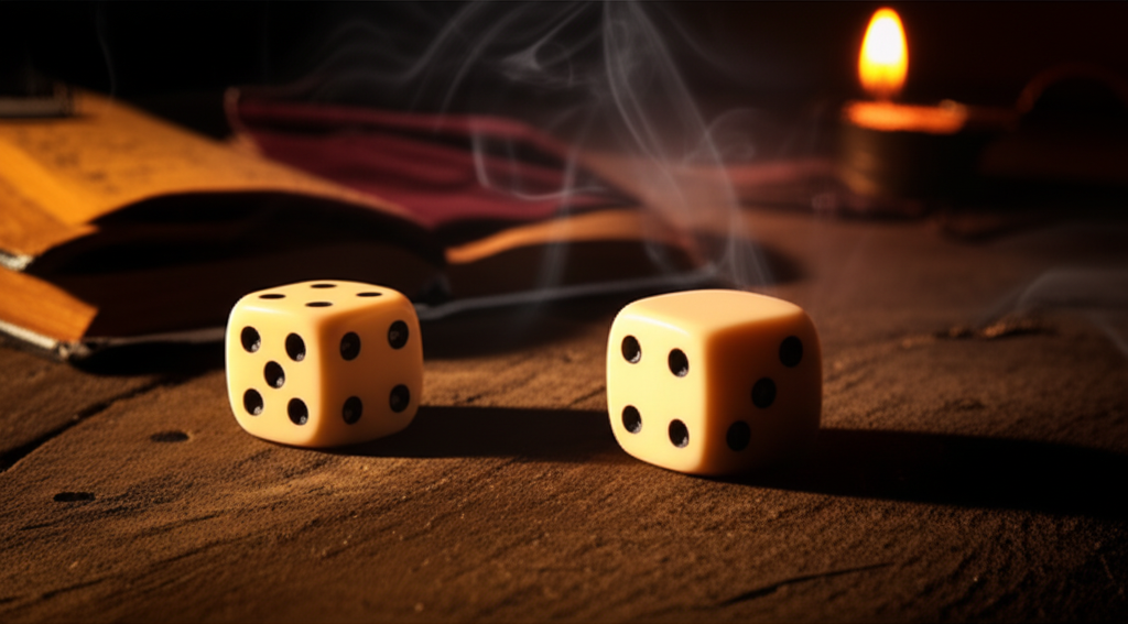 Две старинные кости на деревянном столе, иллюстрирующие гадание на игральных костях.