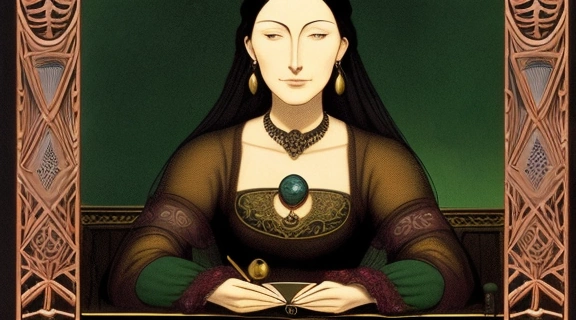 Девушка глубокомысленно изучает расклад карт Таро, стремясь раскрыть тайны своего будущего, что символизирует Гадание на любимого.