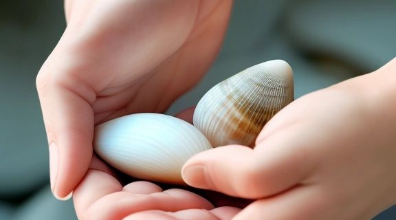 Руки, гадающие на морской раковине, разложенной на льняной ткани в окружении мягкого света.