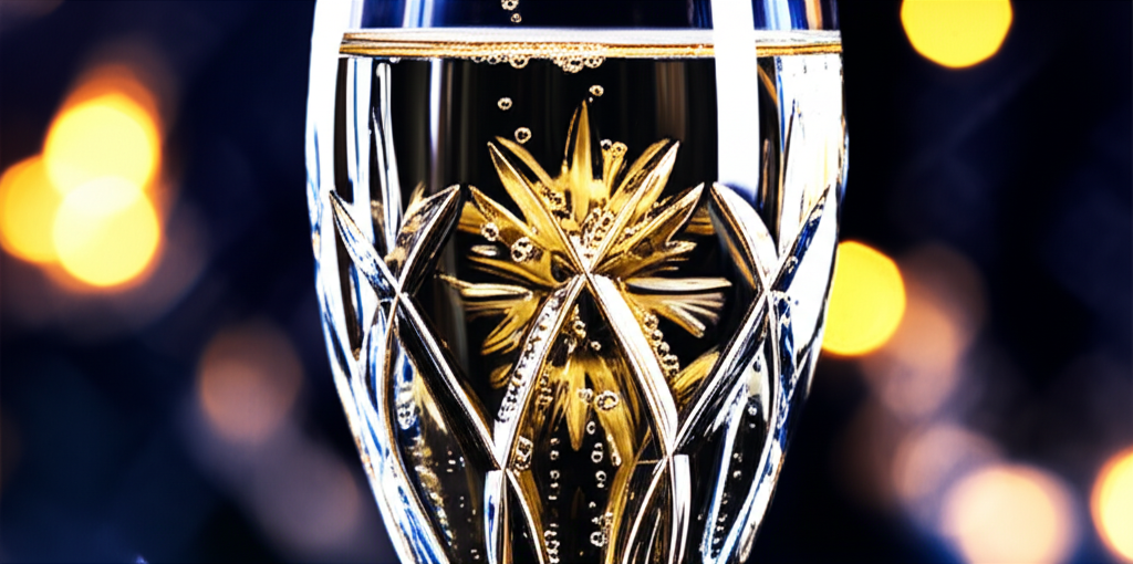 Праздничное гадание на шампанском в хрустальном бокале с узорами из пузырьков.