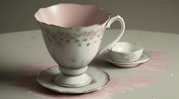 Изображение множества осколков разбитой чашки на тёмном деревянном столе, используемых для гадание по разбитой чашке.