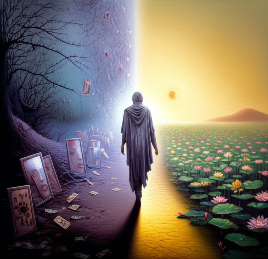 Символическое изображение пути к себе, где гадание таро от забвения к возрождению помогает перейти из тьмы к свету.