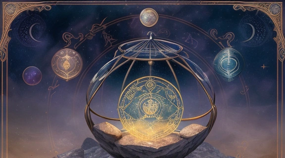 Различные методы и инструменты для гадания для знака зодиака, расположенные на фоне звёздного неба.