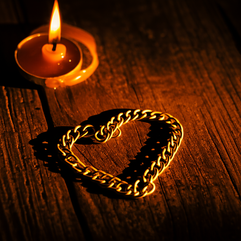 Завораживающее гадания по цепочке на старинном деревянном столе при свете свечи.