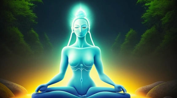 Изображение человека, медитирующего, с семью светящимися чакрами, гармонизация чакр эфирные масла способствует их балансу и активации