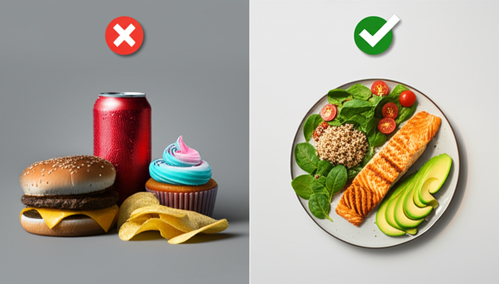Популярные мифы о питании: сравнение вредной еды, основанной на заблуждениях, и сбалансированного здорового рациона.