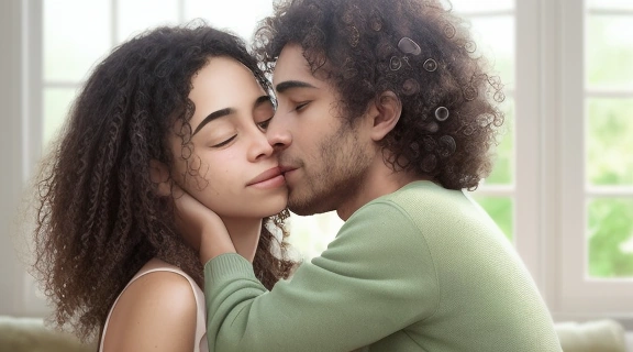 Пара, нежно обнимающаяся и смотрящая друг другу в глаза, символизируя гармоничные Любовь и отношения.