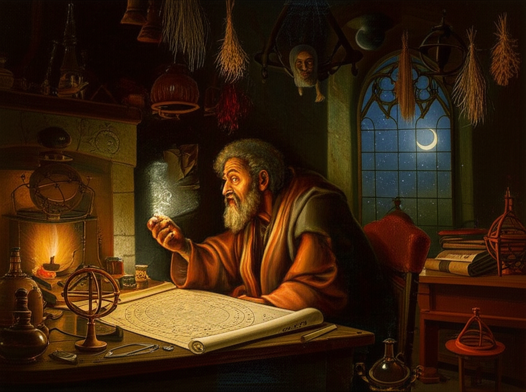 Древний алхимик в своей лаборатории, окруженный астрологическими картами и химическими приборами, символизирующий глубокую связь между астрология и алхимия.