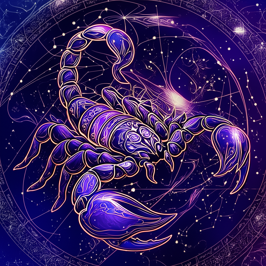Изображение мистического скорпиона в астрологии, парящего среди звёздного неба и символов зодиака, олицетворяющего загадочность и силу трансформации.