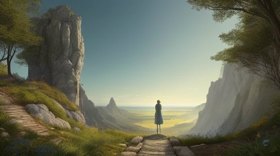 Иллюстрация, изображающая Старшие арканы путь глупца: Шутник стоит на краю утёса, глядя на мистическую дорогу, символизирующую духовное становление.