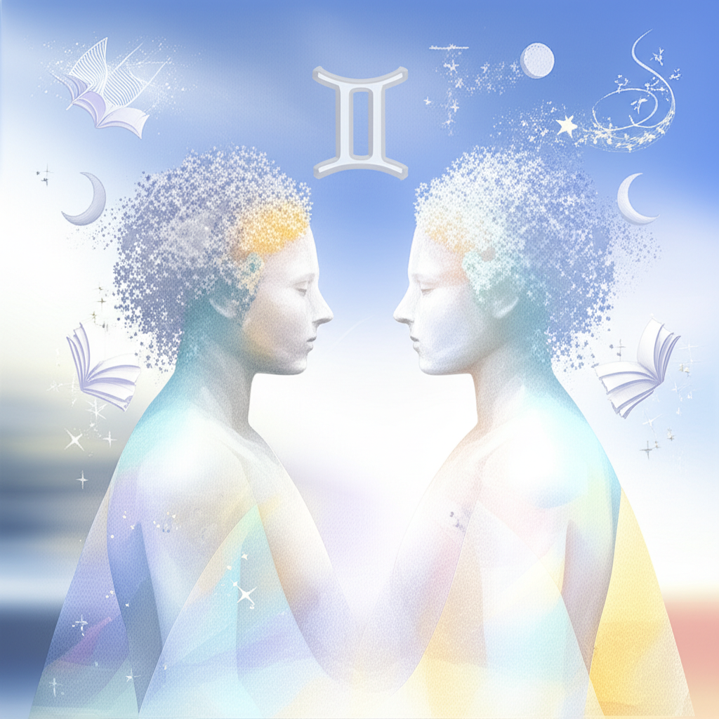 Абстрактная иллюстрация, символизирующая гороскоп на месяц близнецы, с двумя переплетающимися фигурами в небесных оттенках, окруженными звездной пылью и символами знаний.