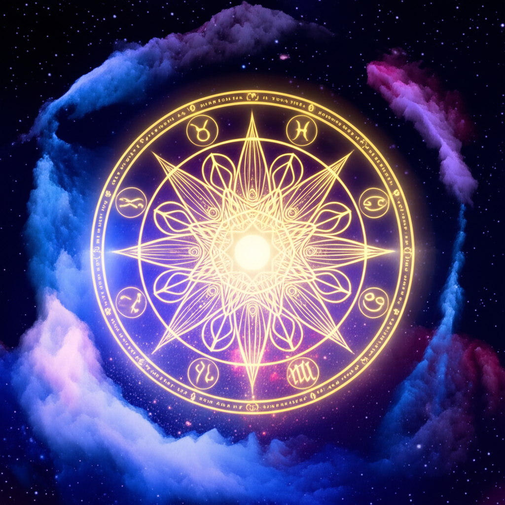 Астрологический гороскоп на месяц: светящееся колесо зодиака в космическом пространстве.