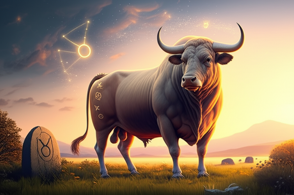 гороскоп на неделю телец — величественный бык на фоне утреннего пейзажа, символизирующий стабильность и силу этого знака зодиака, готовящегося к новым вызовам.