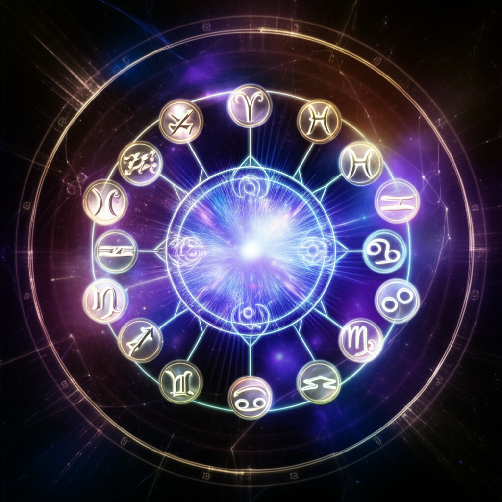 Мистическое изображение, демонстрирующее гороскоп на сегодня для всех знаков зодиака, с центральной галактикой, окруженной двенадцатью светящимися символами.