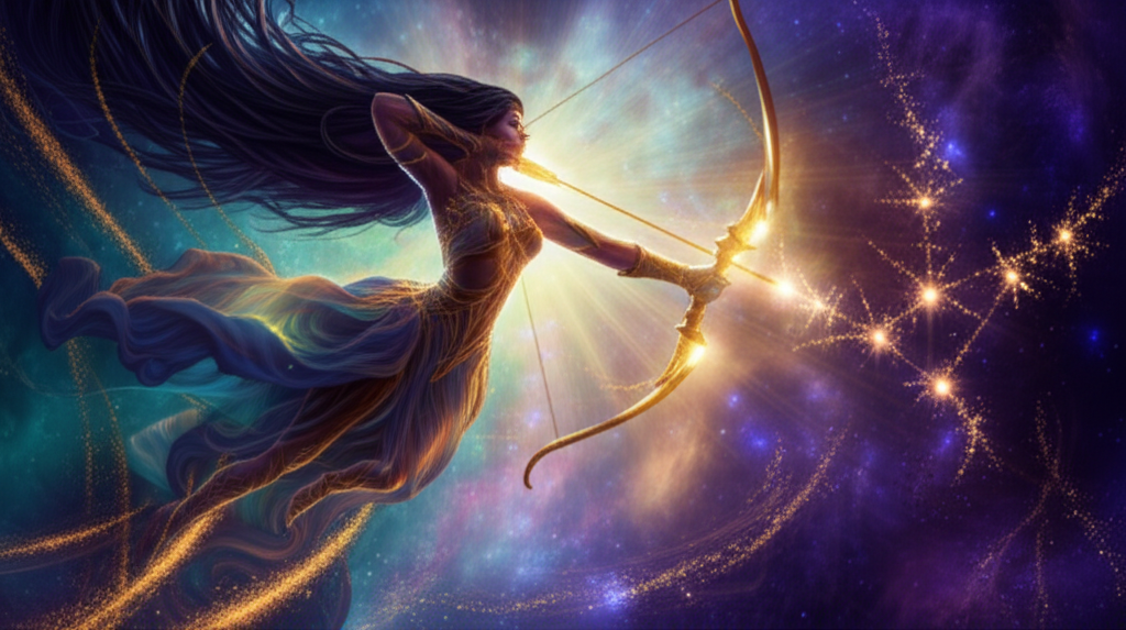 Изображение девушки-Стрельца, готовящейся выпустить стрелу в космическом пространстве, символизирующее гороскоп на удачу Стрелец и стремление к цели.