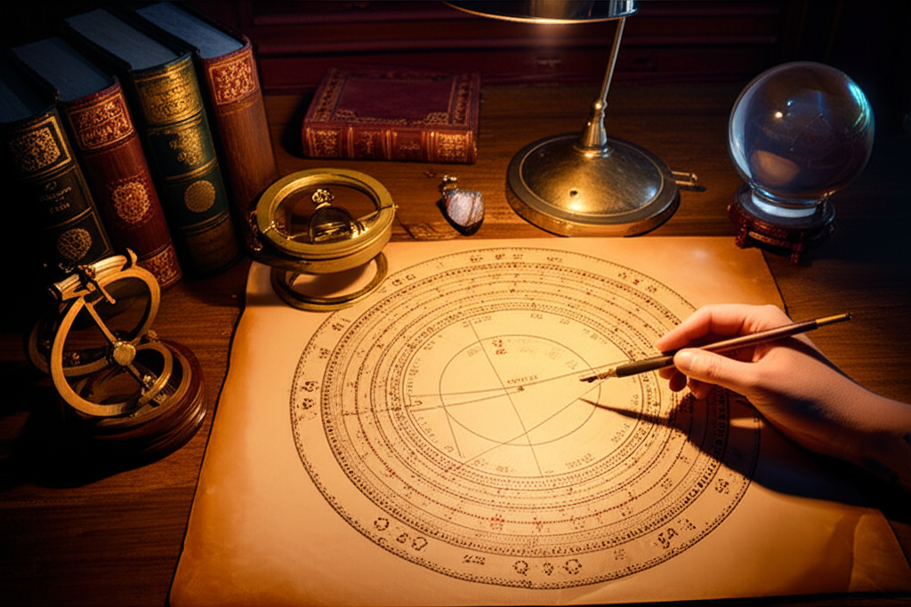 Детальный гороскоп от профессионального астролога, разложенный на столе специалиста для анализа.