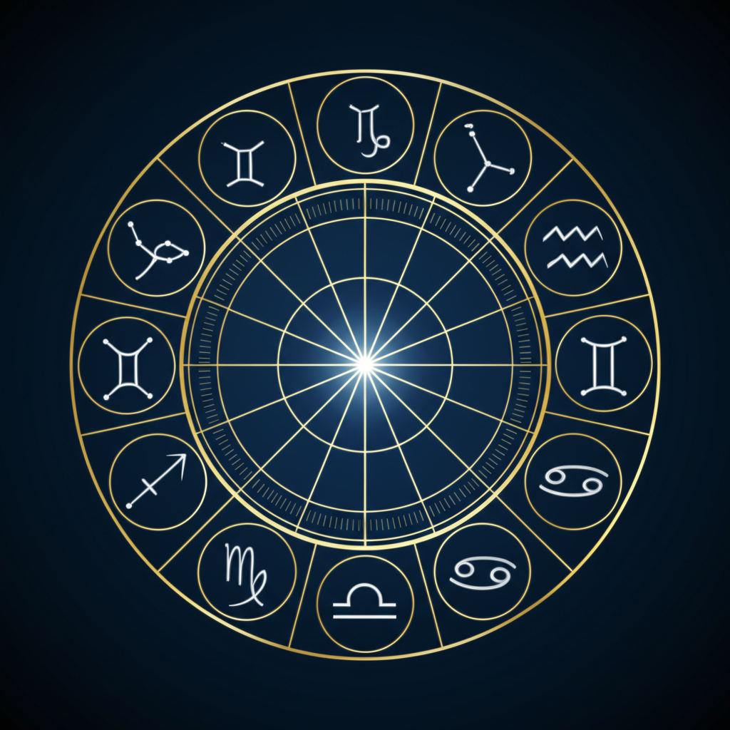 Современный и стильный гороскоп по знакам зодиака в виде зодиакального круга на тёмном фоне