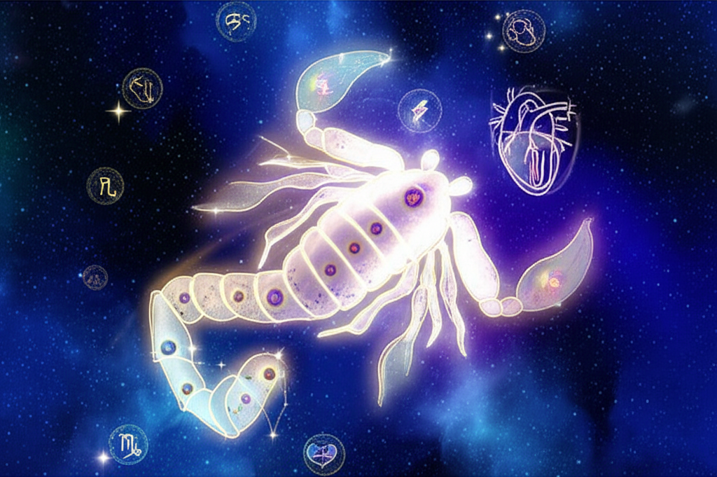 Иллюстрация, символизирующая гороскоп здоровья Скорпион, с изображением созвездия и элементов жизненной силы.