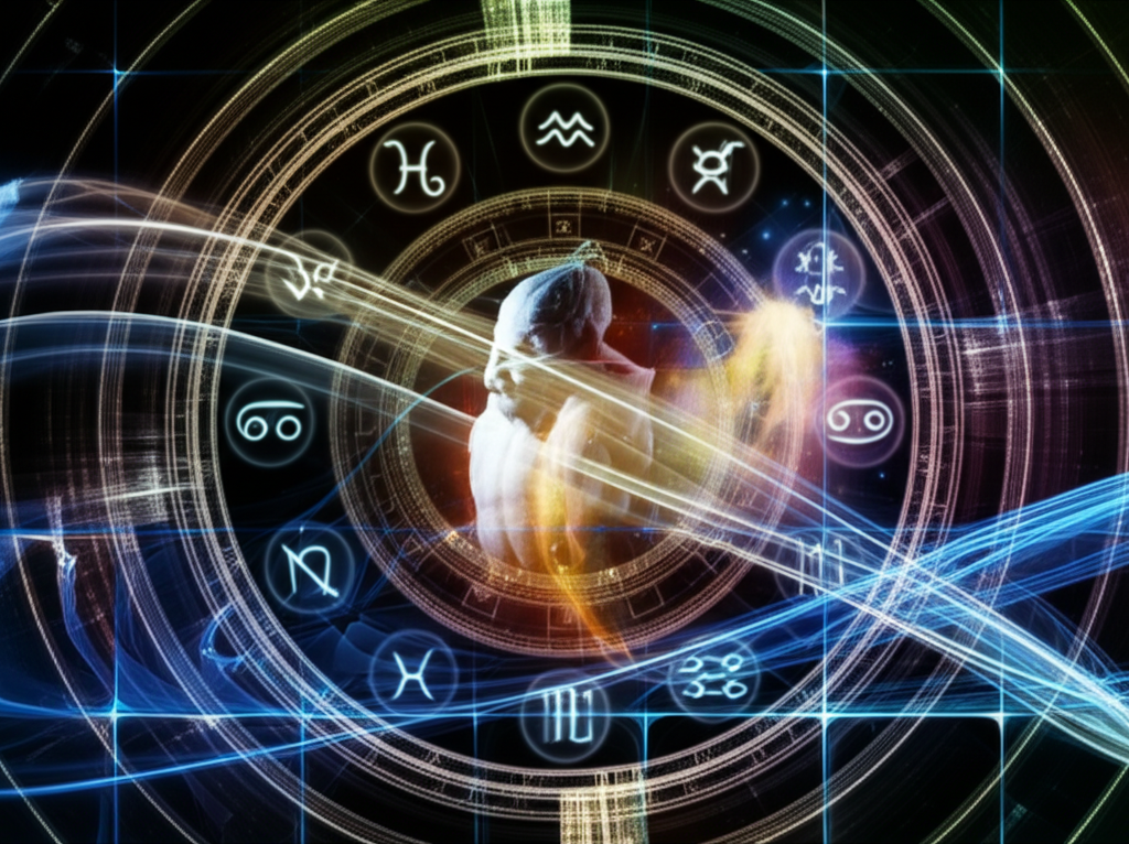 Изображение, символизирующее границы прогнозирования в астрологии, с элементами древних карт и современной неопределенности.