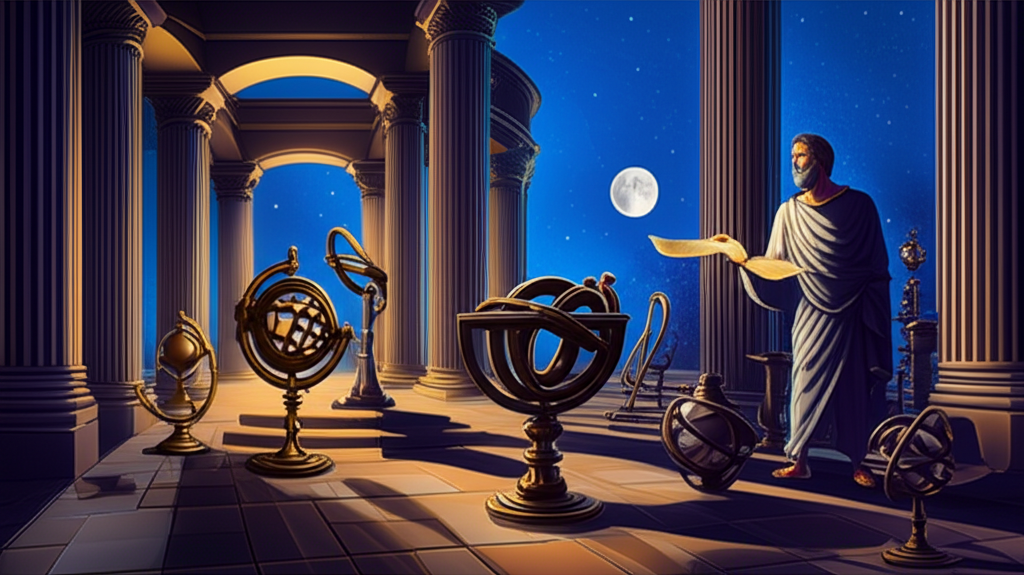 Изображение демонстрирует элементы греческой и эллинистической астрологии: древние свитки, астролябии и небесные карты под звездным небом.