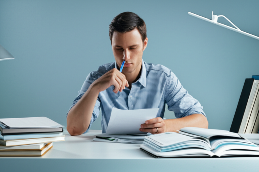 Мужчина-Дева, погруженный в глубокие размышления над документами, символизирующий характеристики знака зодиака Дева мужчина слабости и его аналитический склад ума.