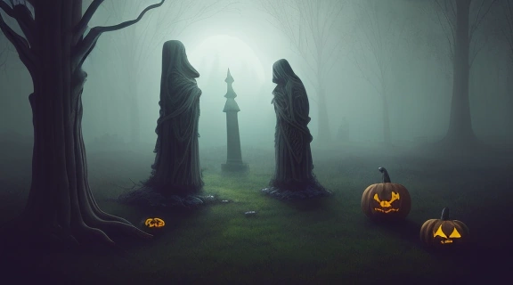 Изображение демонстрирует Хэллоуин праздник нечистой силы, где древние символы смешиваются с современной атмосферой.