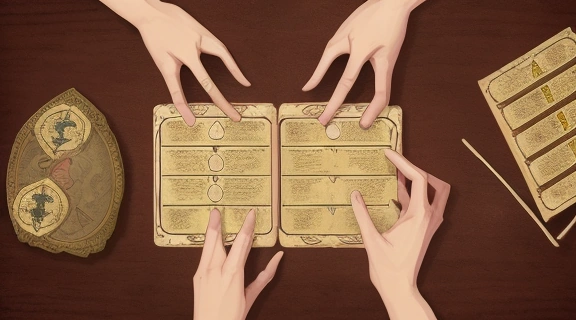 Детальная иллюстрация, демонстрирующая взаимодействие между практиками Хиромантия и таро, на фоне старинных символов и карт.