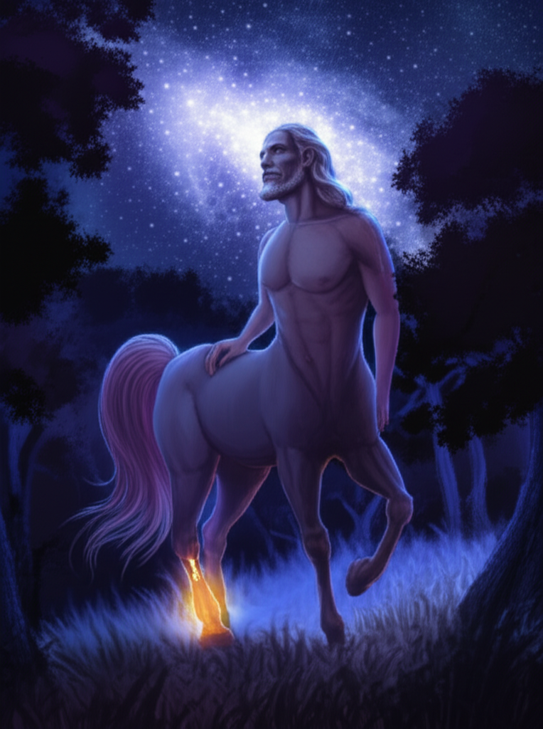 Мифологический кентавр хирон «раненый целитель» смотрит на звездное небо в лесу.