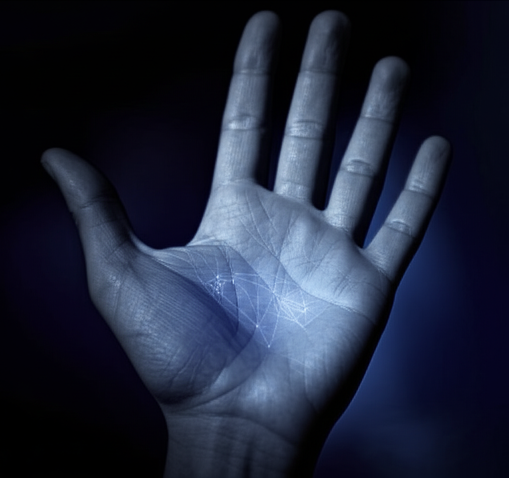 Детальное изображение ладони, на котором подсвечен холм луны и его линии