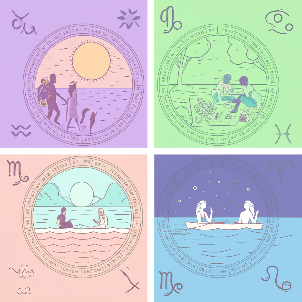 Инфографика, иллюстрирующая идеальное свидание по знакам зодиака для каждой из четырех стихий.