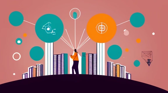 Динамичная иллюстрация, символизирующая идеи успешной карьеры: группа людей поднимается по пути, образованному книгами и шестерёнками, обменивается идеями, а также развивает новые проекты, на фоне городского пейзажа с восходящим солнцем.