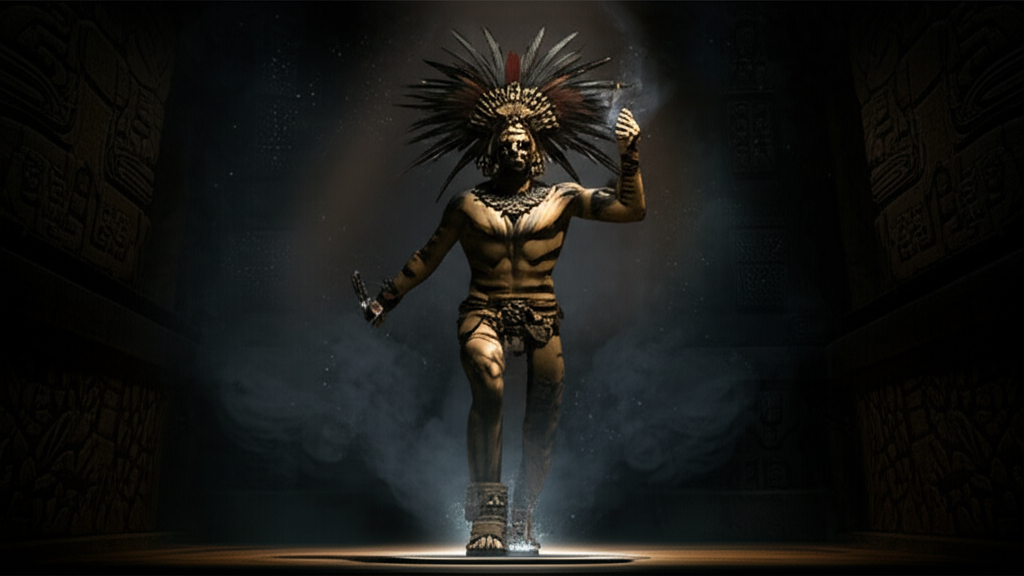 Всевидящие индейские боги Тескатлипока, изображенные в виде воина с обсидиановым зеркалом вместо стопы.