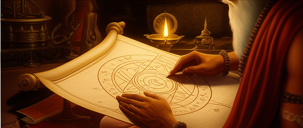 Древний индийский астролог изучает карту звездного неба, используя принципы индийской ведической астрологии, освещенный мягким светом лампады, на фоне старинных манускриптов.