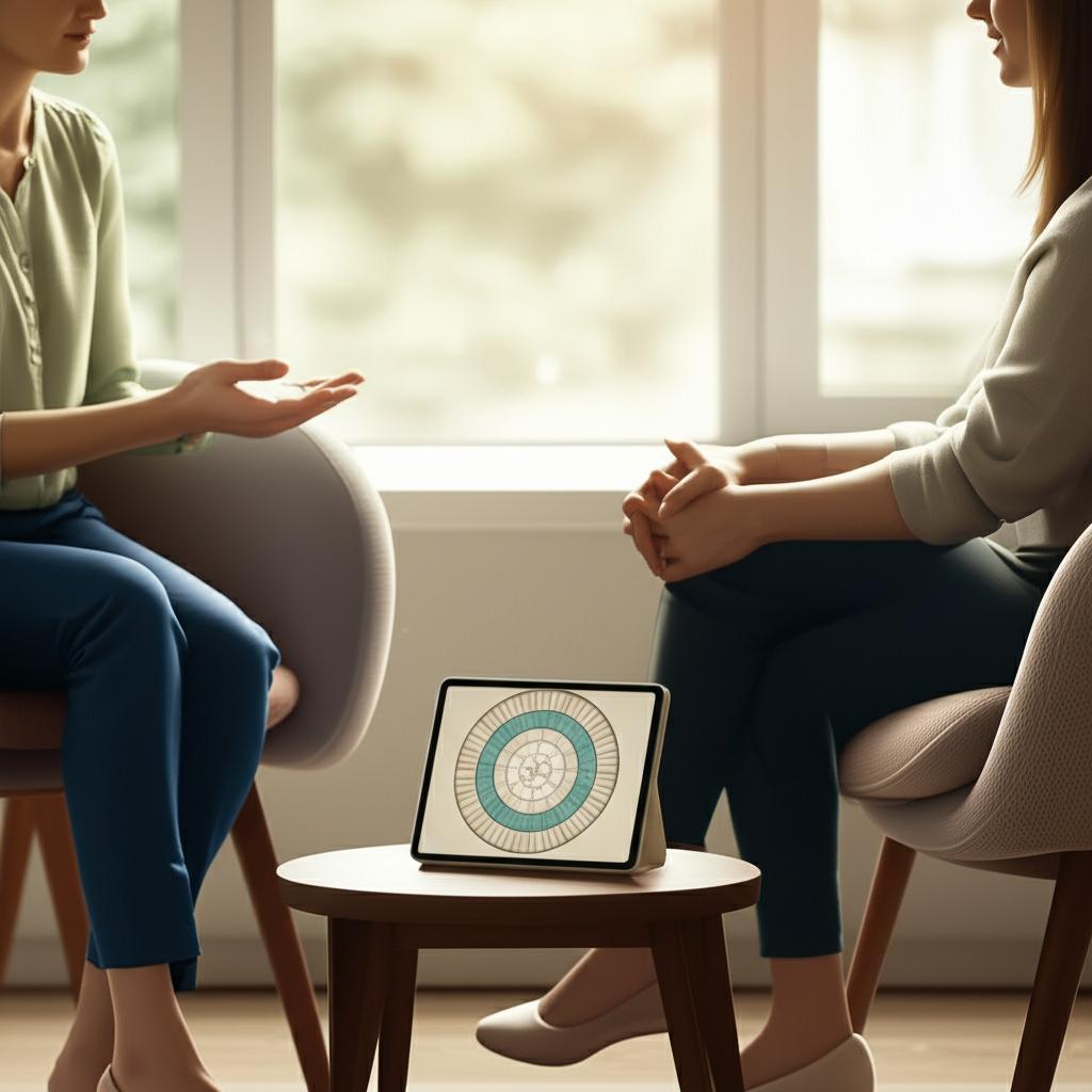 Спокойная обстановка в кабинете, где происходит интеграция астрологии в терапию как метод самопознания.