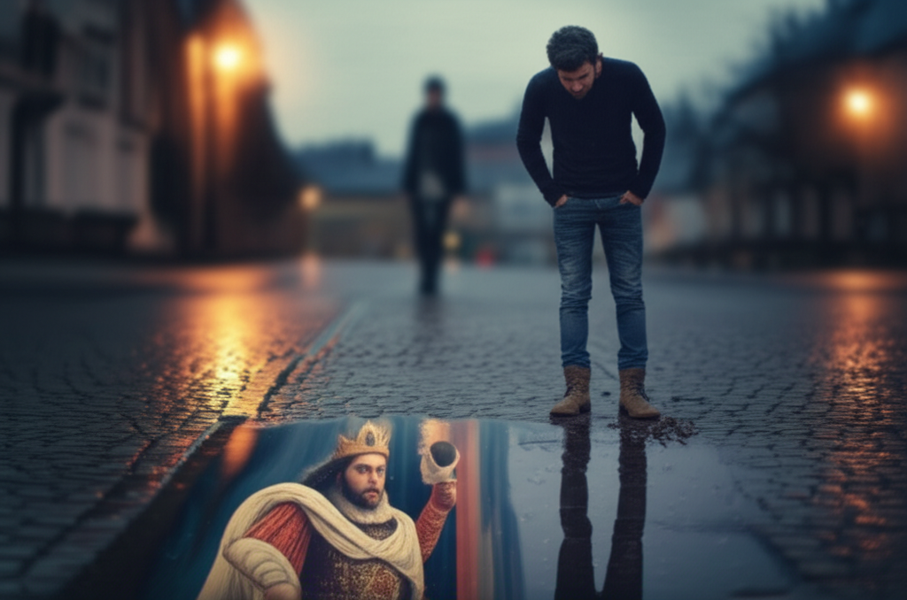 Современный мужчина ищу принцессу, размышляя о поиске идеальной партнерши у лужи.