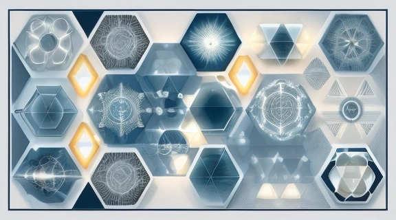 Абстрактная композиция, символизирующая Искусство раскладов и аналитического мышления, с геометрическими формами и светящимися элементами на градиентном фоне.