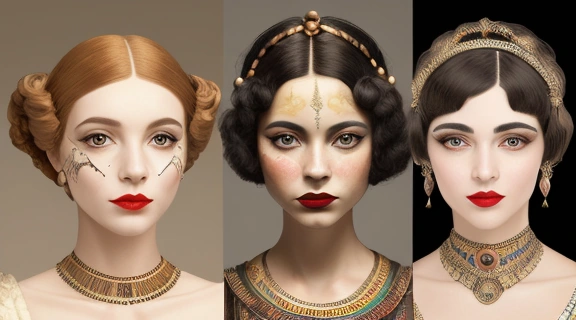 Иллюстрация, показывающая ключевые этапы развития декоративной косметики от древних цивилизаций до современности. История декоративной косметики в лицах и стилях.