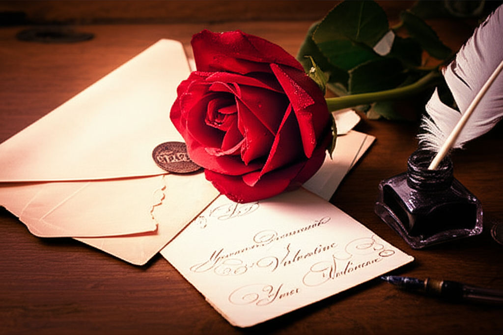 Старинная открытка и красная роза на столе, которая иллюстрирует историю дня святого валентина