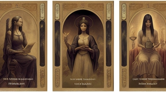 Иллюстрация, показывающая историю гадания на картах от древних истоков до современных колод Таро.