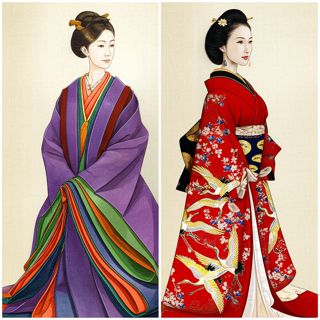Детальная история японского кимоно в иллюстрациях, показывающая эволюцию наряда