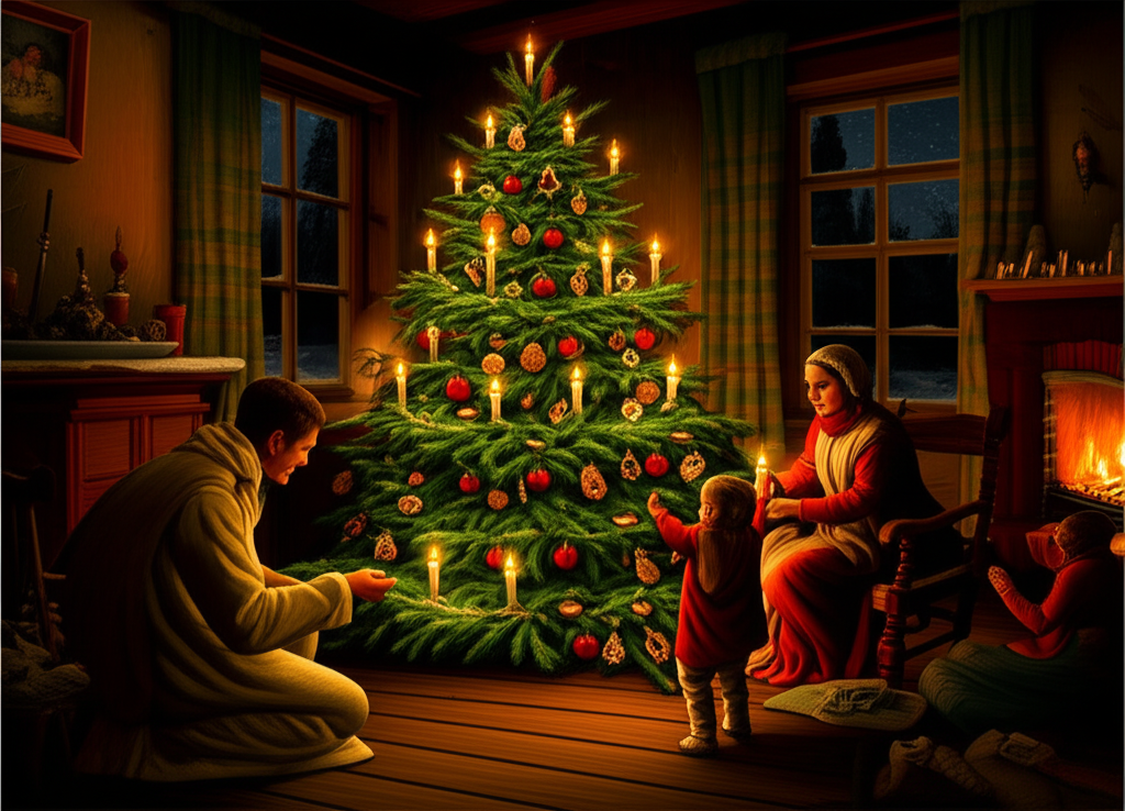 Иллюстрация, на которой изображена семья у наряженного дерева, — так зарождалась история новогодней елки в Европе.