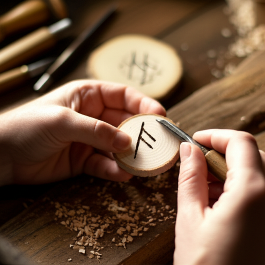 Мастер в процессе работы: детальное изготовление рун из светлого дерева на рабочем столе.