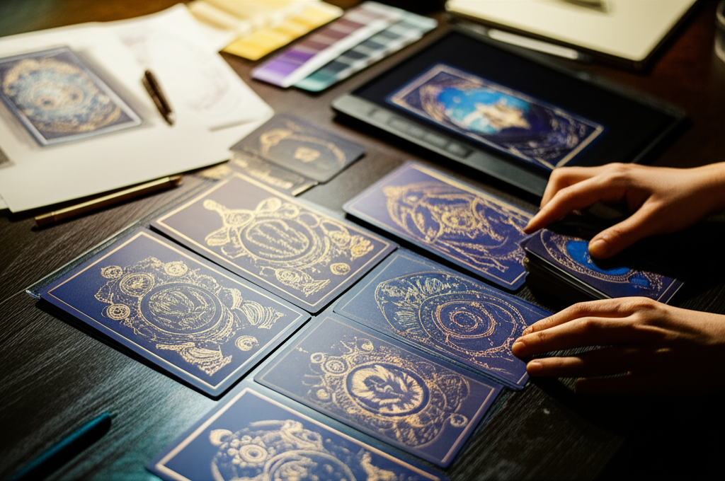 Процесс создания уникальных карт: изготовление своей колоды на рабочем столе дизайнера.