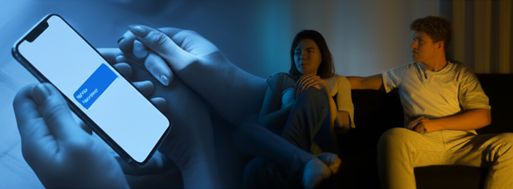 Измена в отношениях: человек тайно переписывается на телефоне, сидя рядом с партнером.