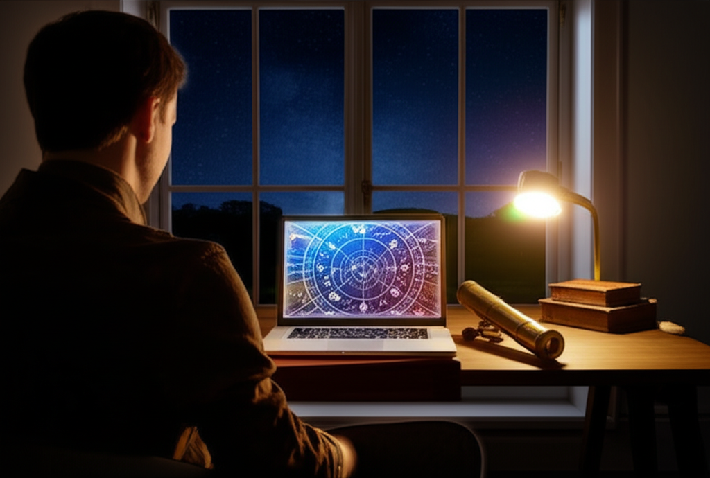 Глубокое изучение астрологии: человек анализирует натальную карту на ноутбуке в современной обстановке.
