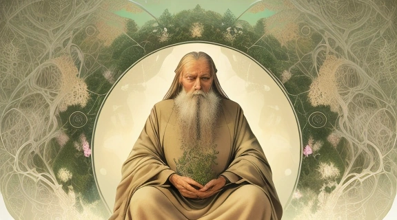 Иллюстрация, изображающая сборник исторических свитков и трав, символизирующих мудрость, которой обладали известные целители разных эпох.