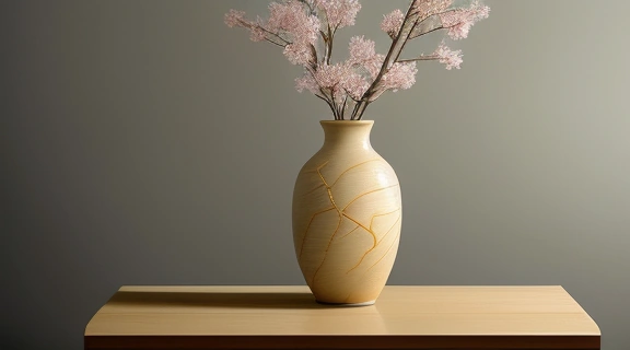 Изображение демонстрирует древнее японское искусство видеть красоту через вазу с золотыми швами Кинцуги и минималистичной цветочной композицией