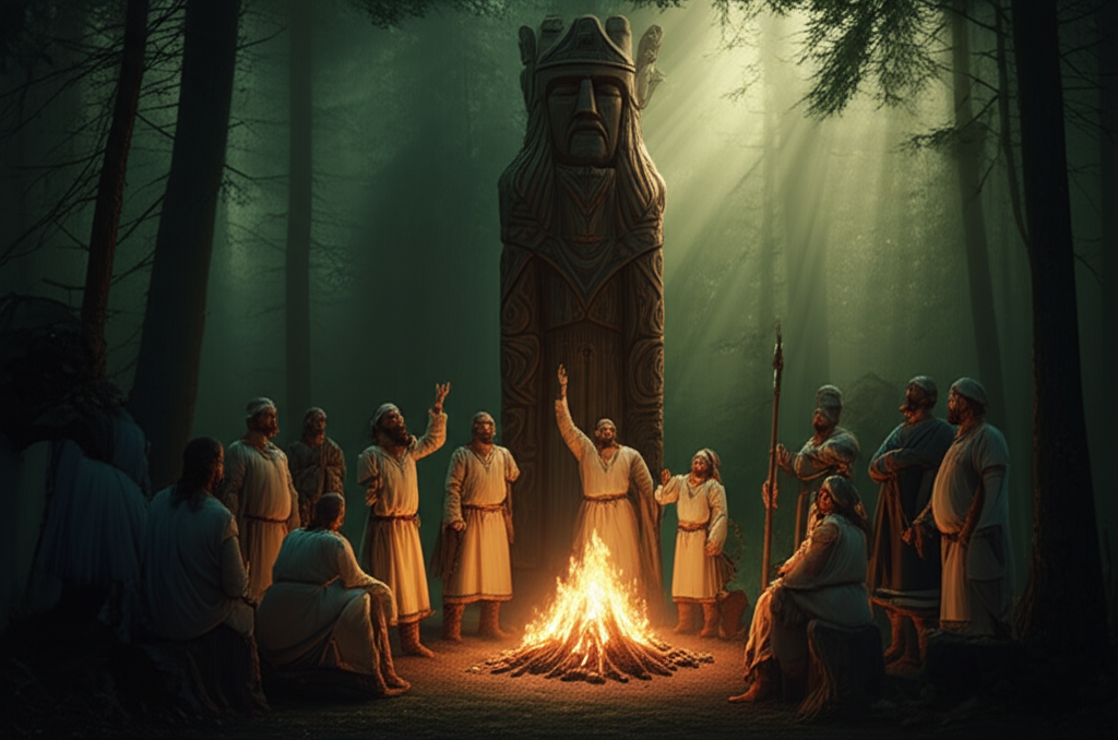 Древние славяне проводят ритуал у идола в лесу, иллюстрируя язычество на Руси.