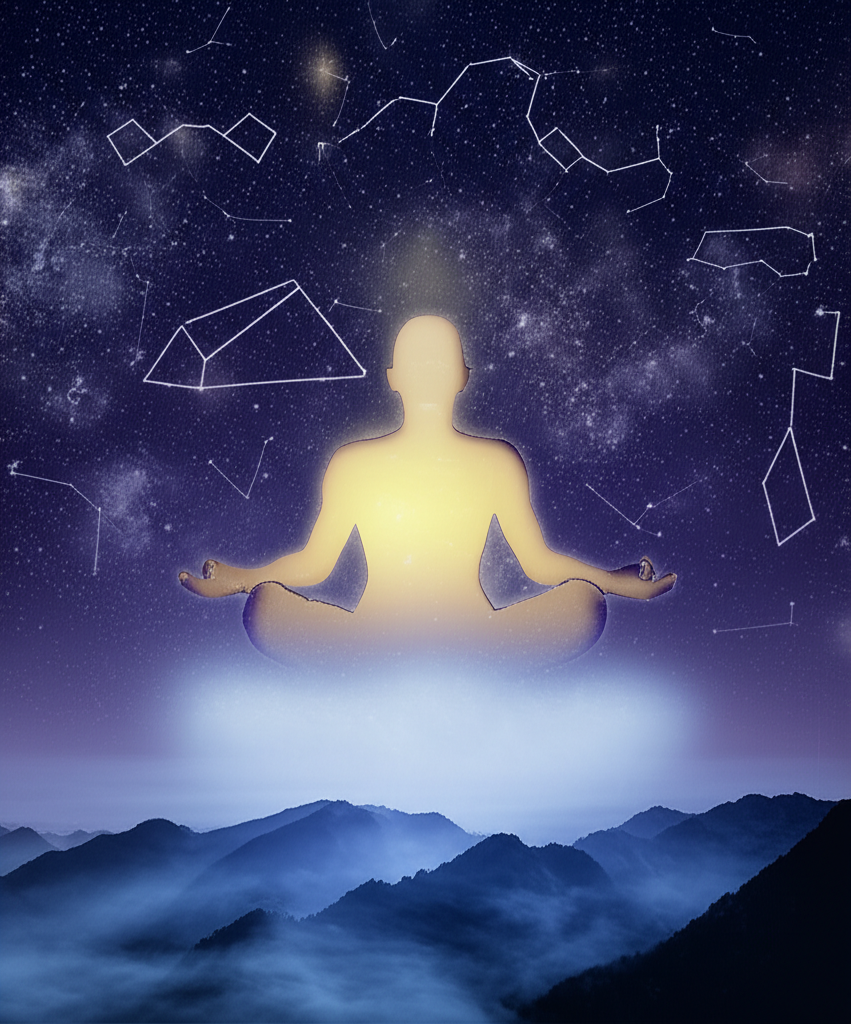 Человек медитирует на фоне звездного неба, что символизирует практику йога сновидения.